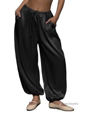 Satin Harem Pants Elastic Waist Drawstring Loose Track Pants with Pockets